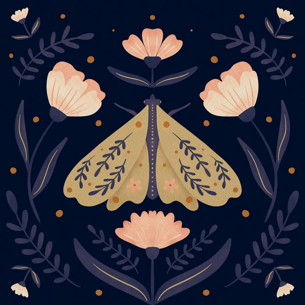 Moth and Flowers - blue and peach