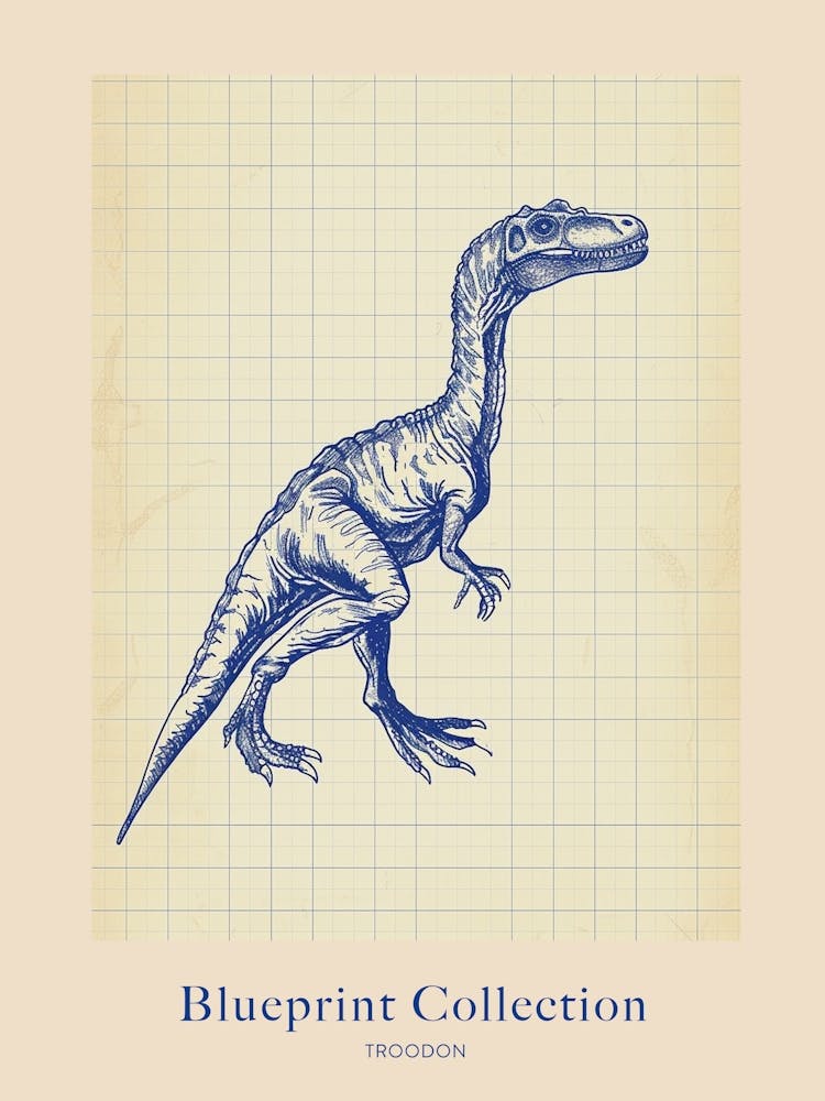 Troodon Dinosaur Sepia Blue Print Poster