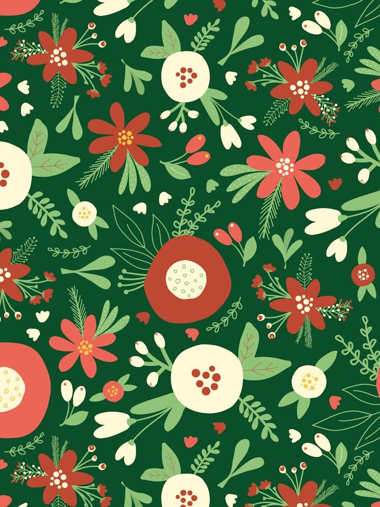 Abstract Scandinavian Floral Christmas Red, White, Green
