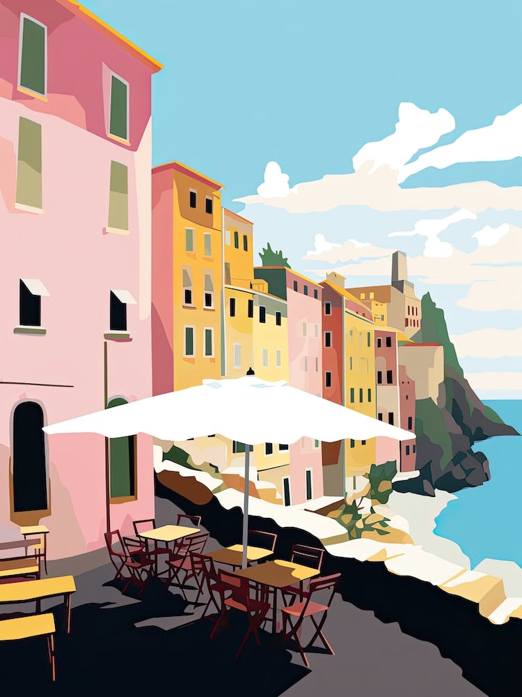Cinque Terre, Italy, Flat Pastels Tones Illustration 1