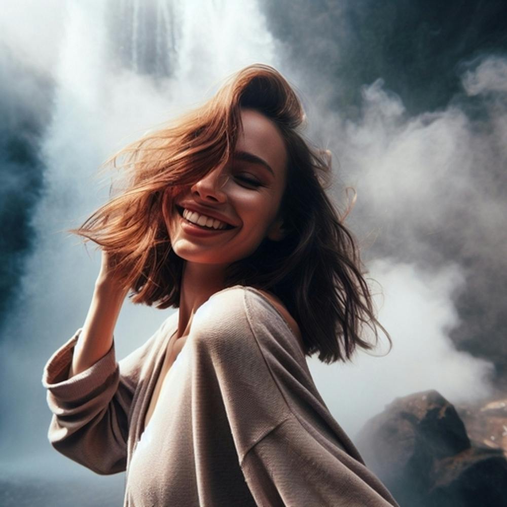 Beautiful Woman Standing In Front Of Waterfall