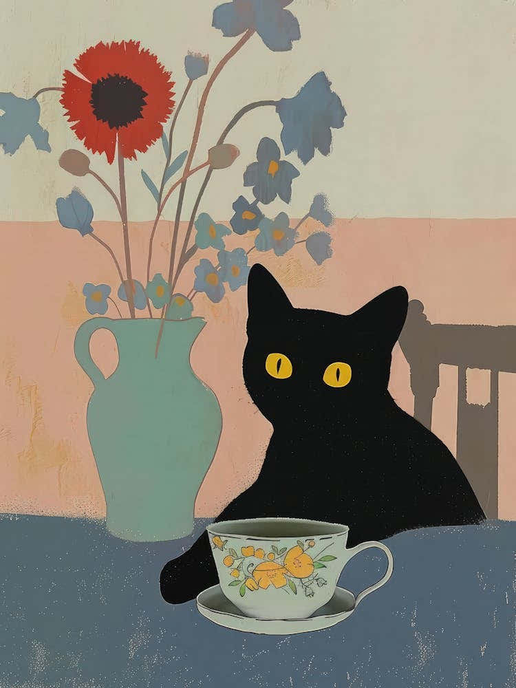Black Cat Print Still Life With Tea Emile Bernard Funny