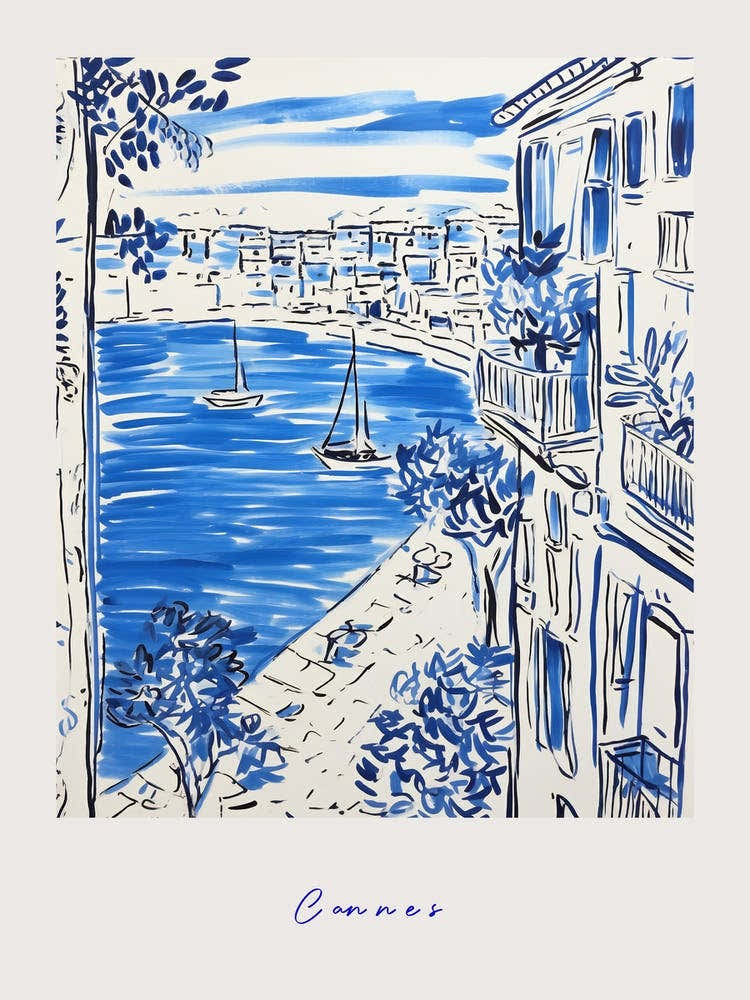 Cannes France 3 Mediterranean Blue Drawing Poster