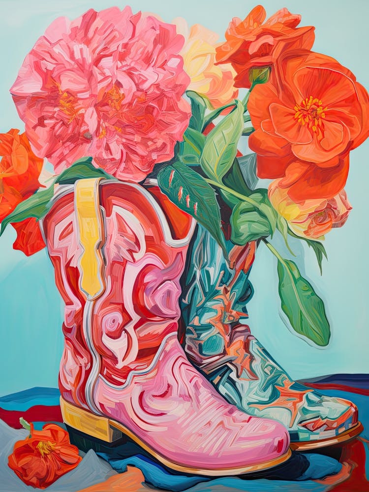 Oil Painting Of Pink And Red Flowers And Cowboy Boots, Oil Style 10
