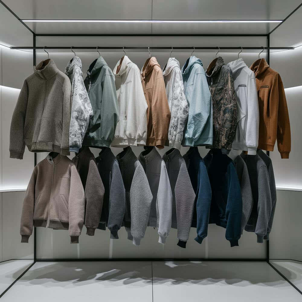 A rack of men's jackets and hoodies on a rack