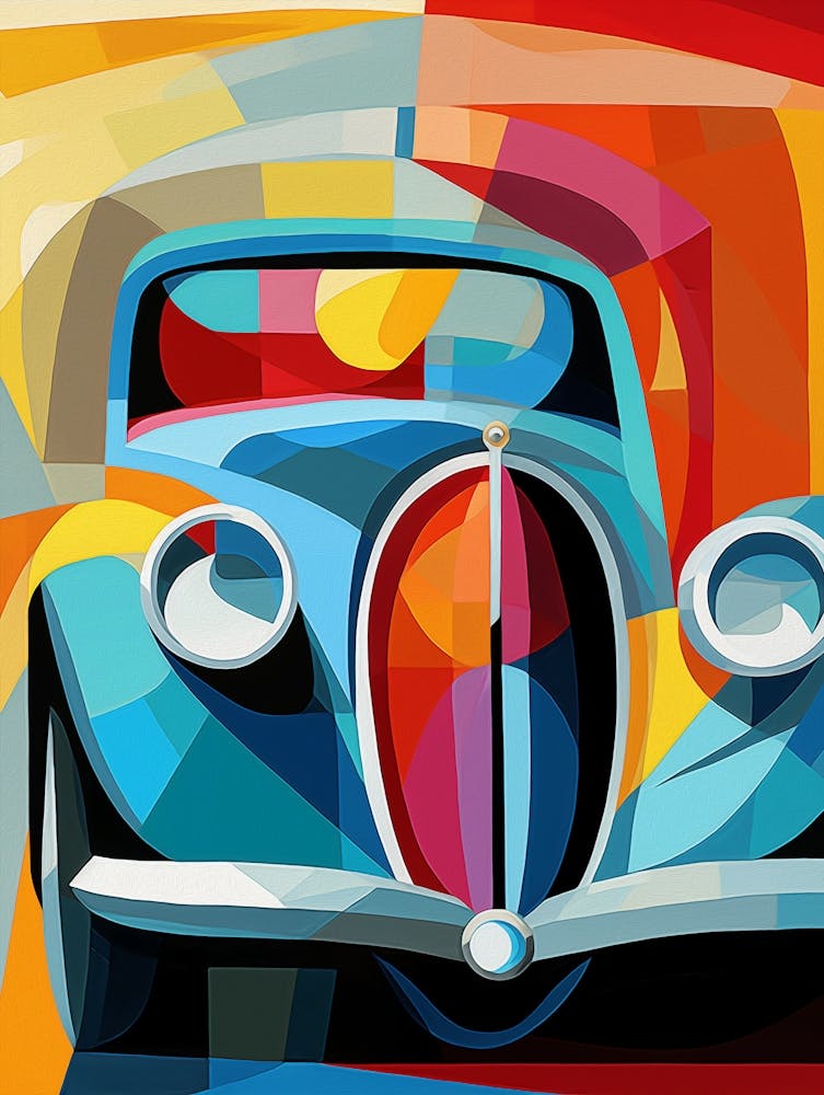 Vintage Old Truck V, Avant Garde Abstract Vibrant Colorful Painting in Cubism Style