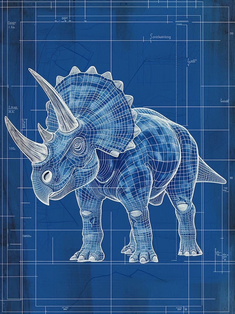 Triceratops Dinosaur Blue Print Sketch 2
