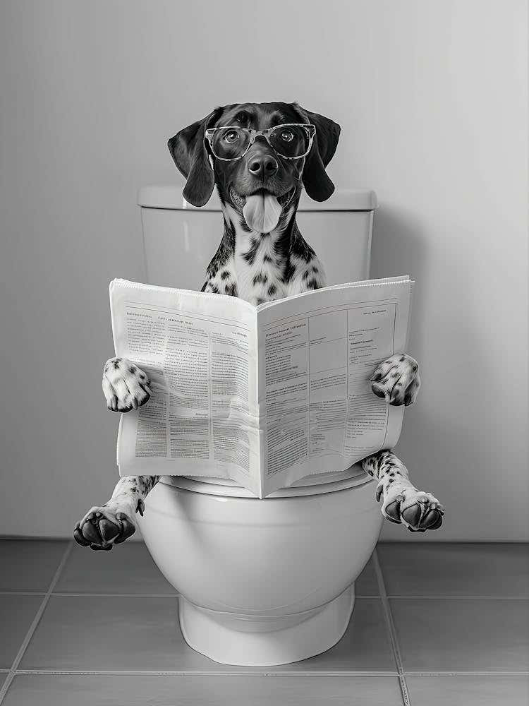 German Shorthaired Pointer Sitting On Toilet Wall Art, Gsp Reading Newspaper, Black And White Print, Funny Dog Poster, Bathroom Wall Decor