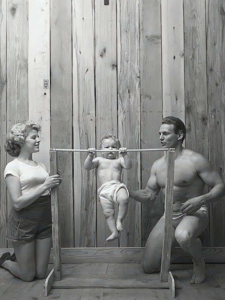 Baby Doing Pullups Wall Art, Bodybuilder Family Poster, Funny Wall Art, Black And White Print, Vintage Wall Art, Retro Wall Decor, Gym Decor