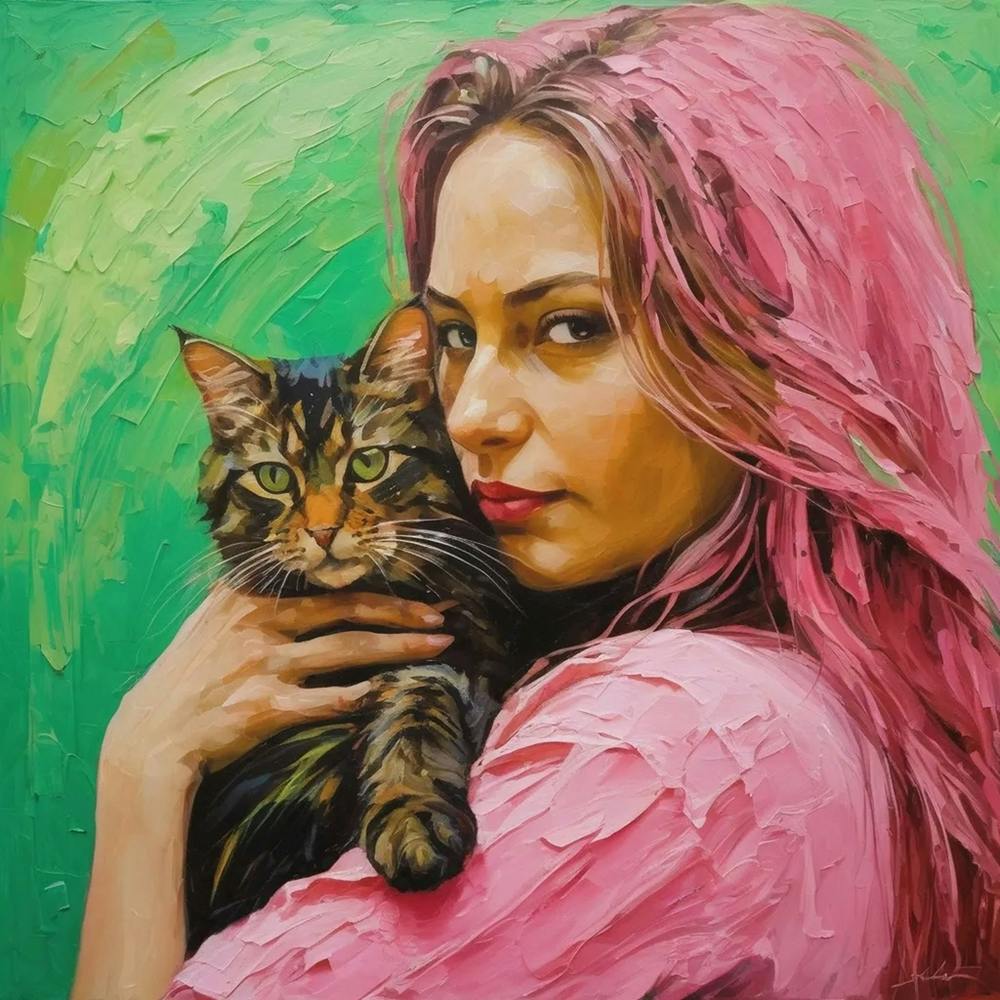 Girl With Pink Hair And A Cat