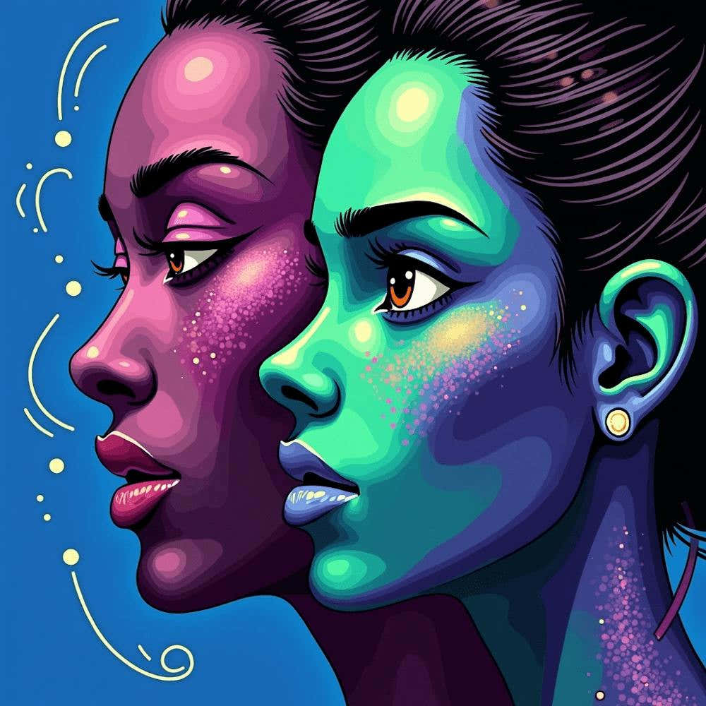 Two Women In Blue And Purple