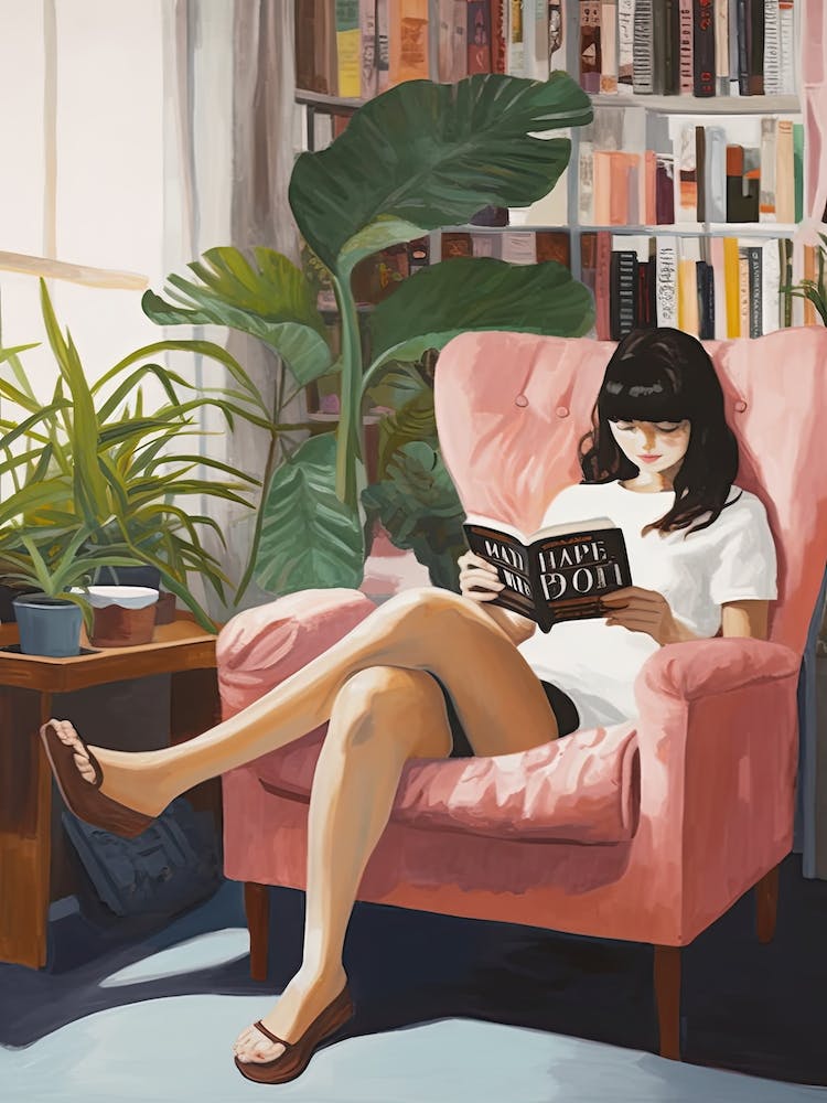 Girl Reading Books With Plants