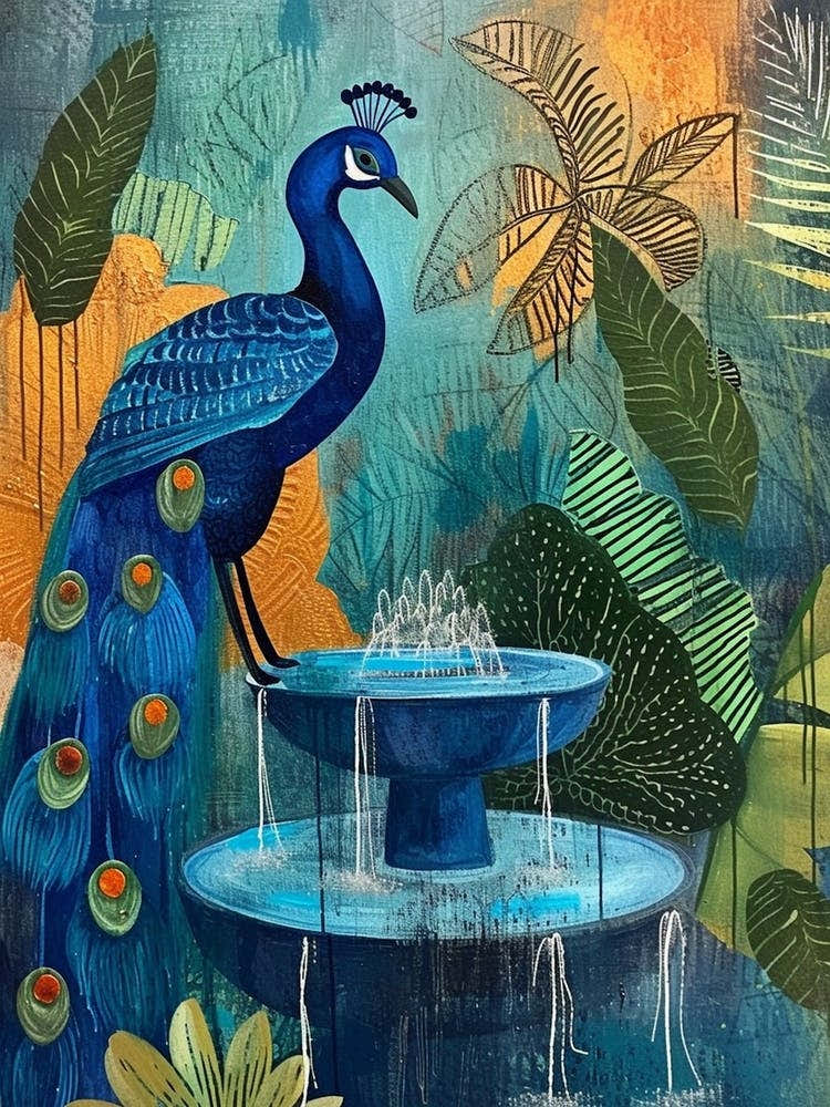 Linework Leaves & Peacock In A Fountain