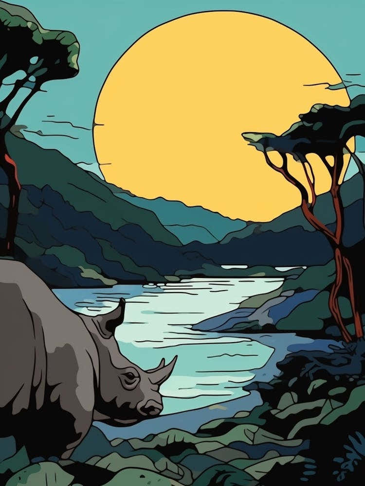 Rhino & The Sunset In The Dry Landscape 1