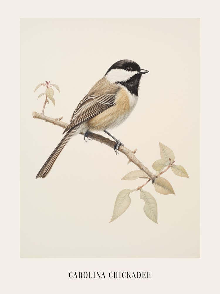 Vintage Bird Drawing Carolina Chickadee 2 Poster