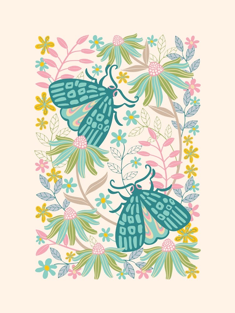 TWO MOTHS Delicate Bugs Floral with Pastel Garden Flowers Teal Turquoise