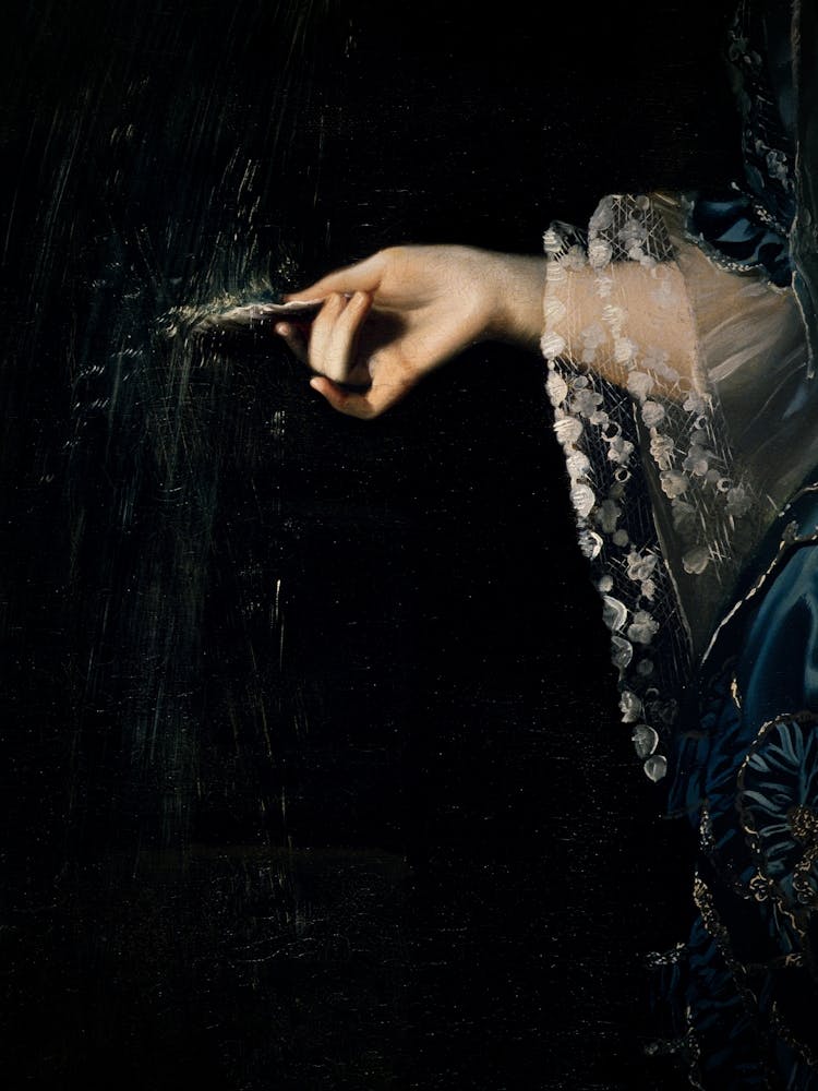 Magic Hand Detail (Mrs Daniel Sargent) by John Singleton Copley 1763 Oil Painting of Woman in Teal Petrol Blue Holding Venus' Shell in Her Right Hand - For Dark Aesthetic Moody Academia Wall Decor HD Immaculate