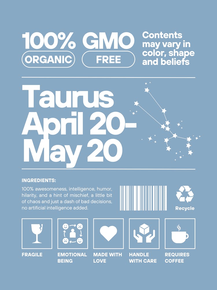 Taurus Wall Art | Taurus Nurtriton Facts Wall Art |Blue Zodiac Decor | Dorm, Office, Living Room, Bedroom, Apartment Wall Art | Trendy Preppy Colorful Maximalists |