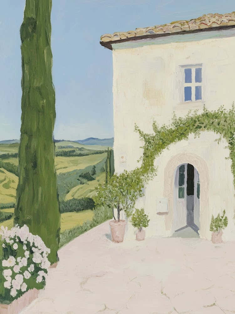 Italy Travel Art Tuscany Hills Yellow House Hills Painting Trees
