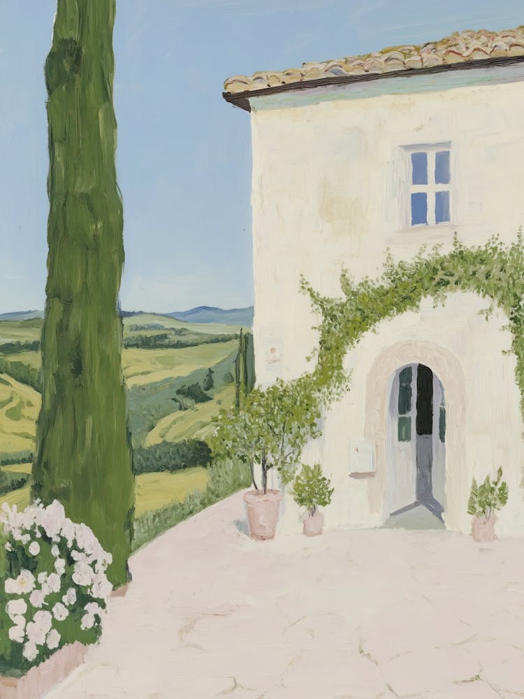 Italy Travel Art Tuscany Hills Yellow House Hills Painting Trees