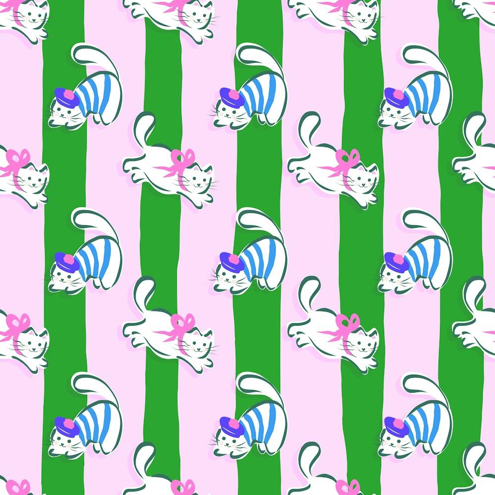 Playful Chasing Cats Doodles on Stripes - Bold Pastels Teal Blue Aqua