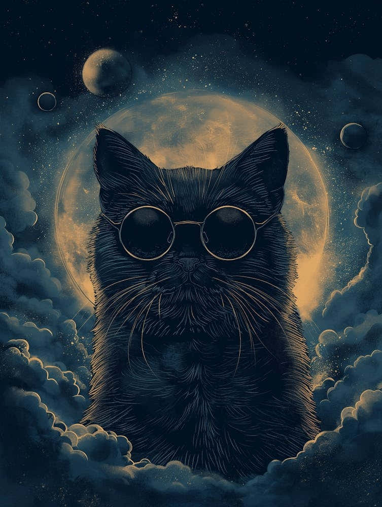 Black Cat With Glasses, In The Style Of Otherworldly Illustrations, Dark Sky Blue And Dark White, Frostpunk, Use Of Vintage Imagery, Tivadar Csontváry Kosztka, Algorithmic Artistry, Ed Piskor 1