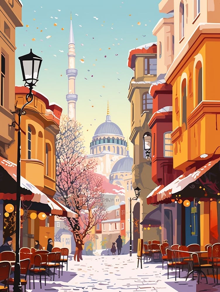 Vintage Winter Travel Illustration Istanbul Turkey 3