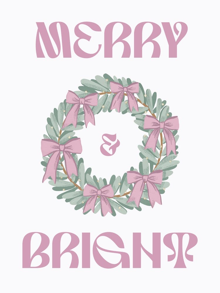 Christmas Wreath with Quote - Merry And Bright. Pastel Whimsical
