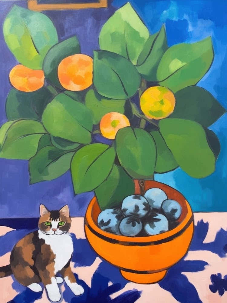 A Painting Of A Still Life Of A Hydrangea With A Cat In The Style Of Matisse 2