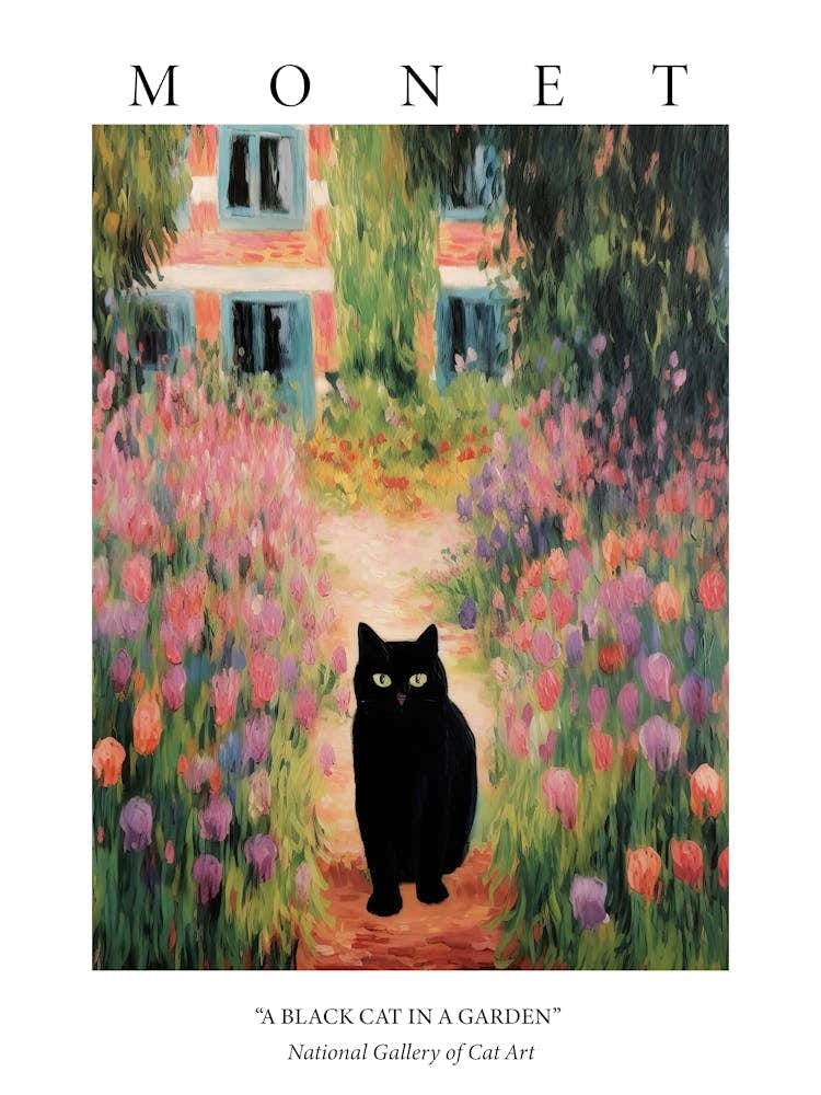 Monet Style Garden With A Black Cat 2 Poster