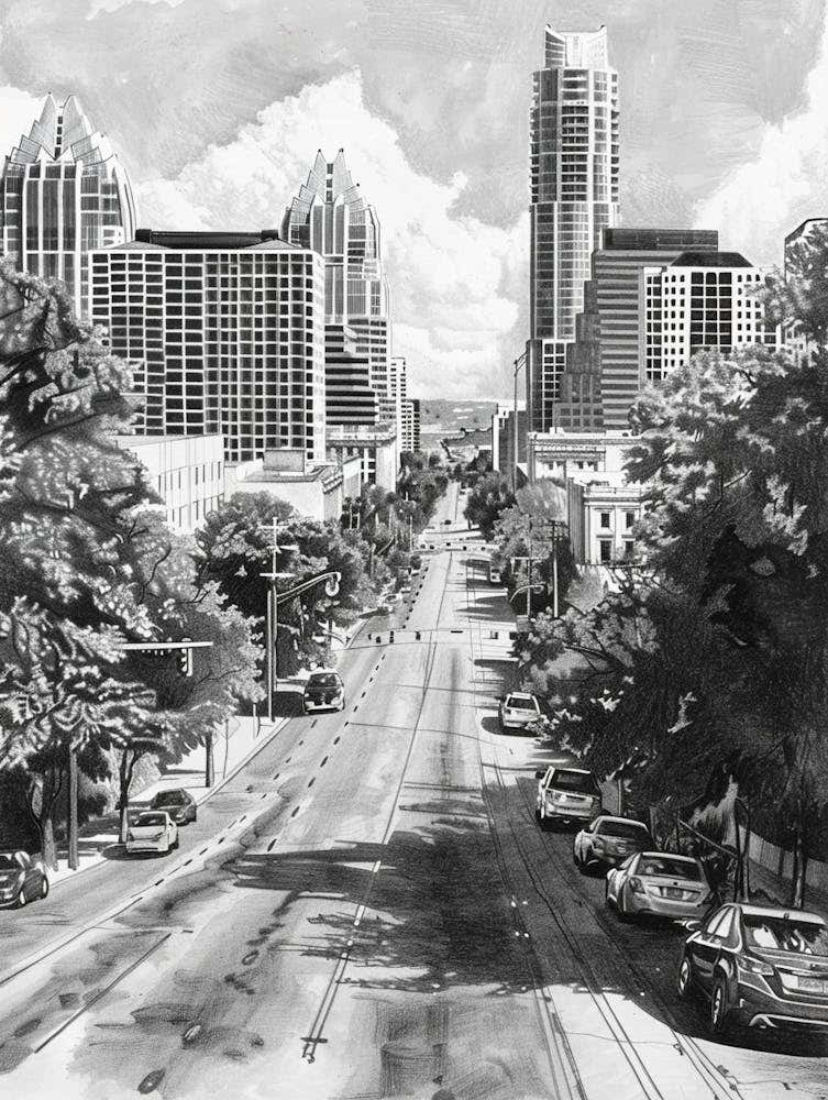 South Congress Avenue Austin Texas Black And White Drawing 3