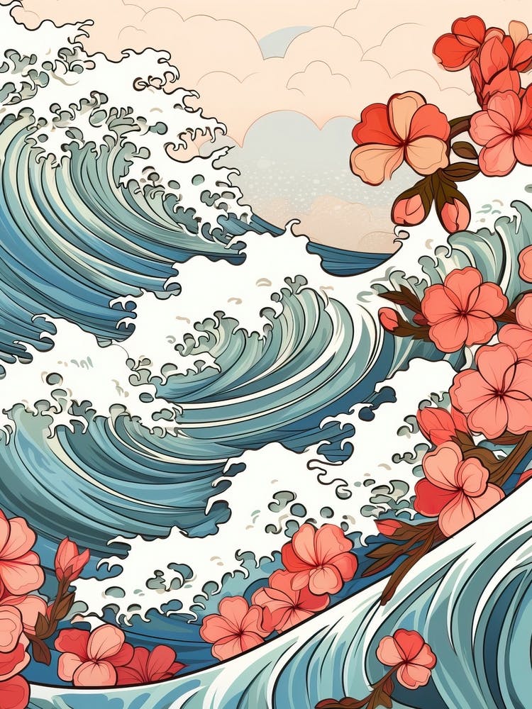 Great Wave With Plumeria Flower Drawing In The Style Of Ukiyo E 1