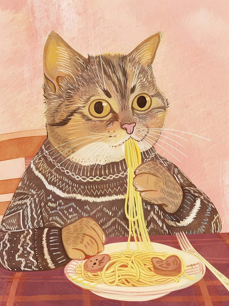 Brown White Cat Eating Pasta Folk Illustration 3
