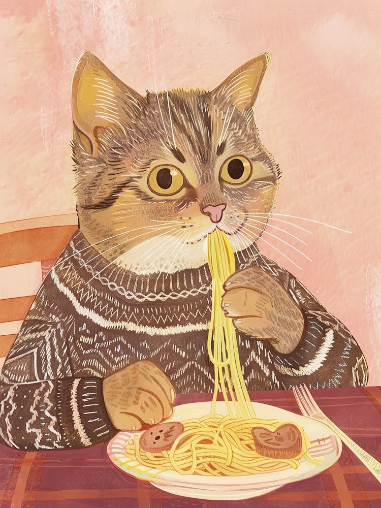 Brown White Cat Eating Pasta Folk Illustration 3