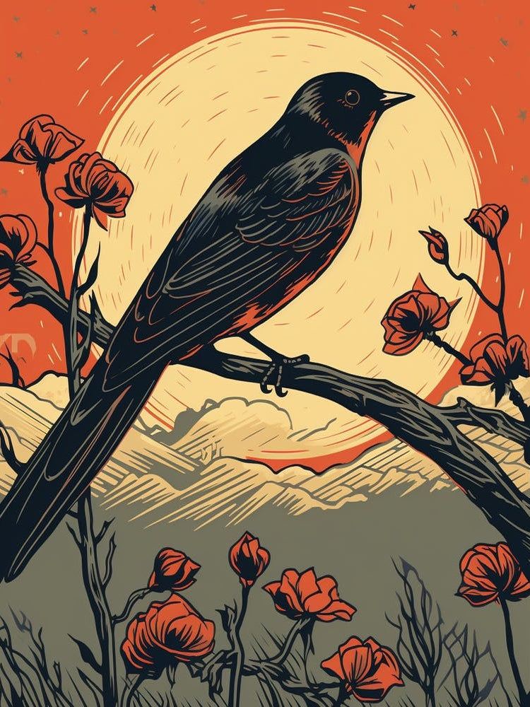 Vintage Bird Linocut Barn Swallow 2