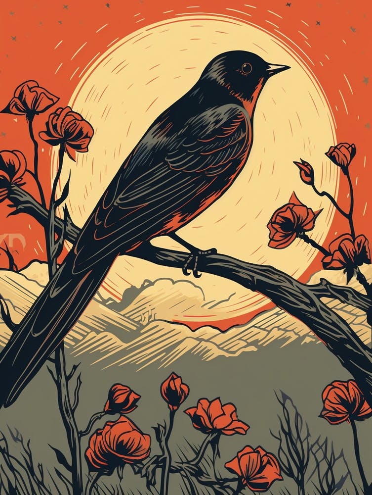 Vintage Bird Linocut Barn Swallow 2