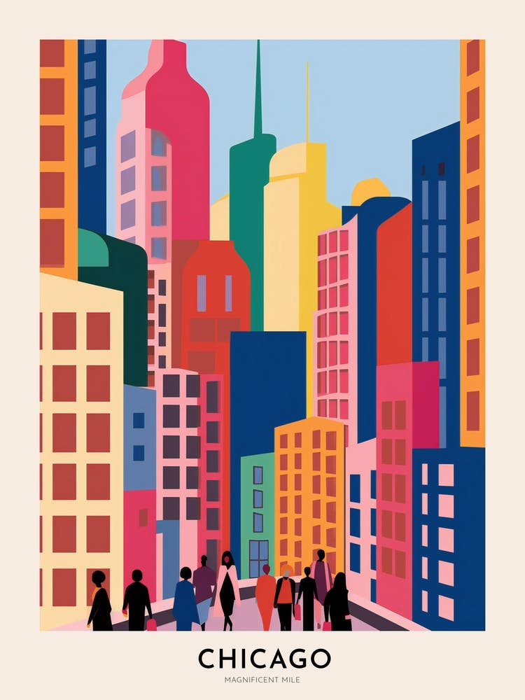 Magnificent Mile Chicago Colourful Travel Poster