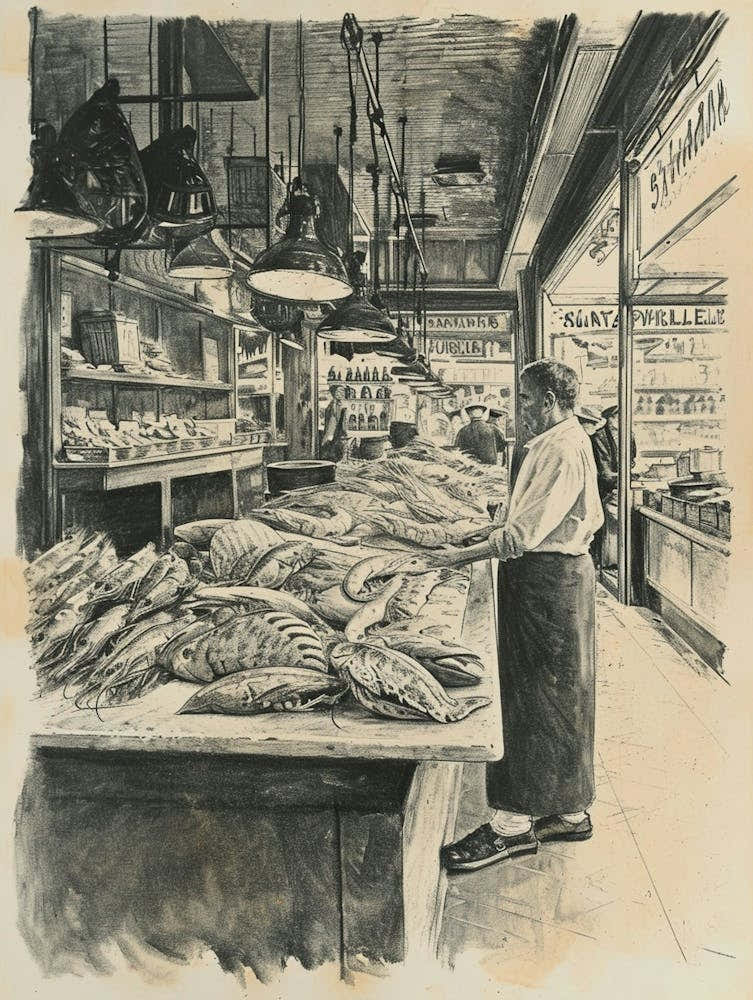 Detailed Black & Sepia Illustration Of A Market Hall