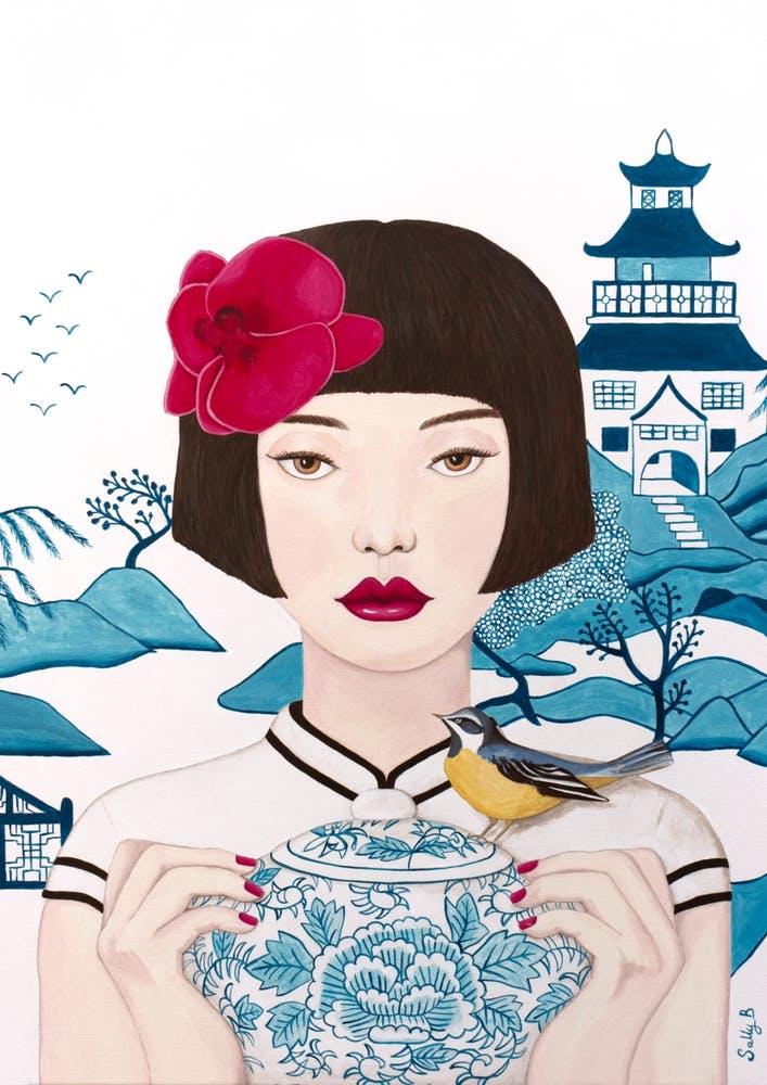 Chinese Woman With Chinoiserie Pot And Bird