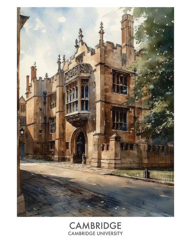 Cambridge University 7 Watercolor Travel Poster