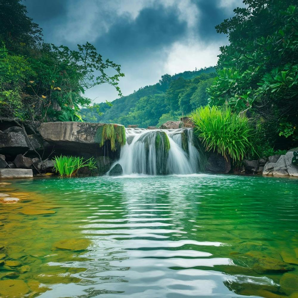 A Serene Medium Shot Of A Waterfall Cascading Over Bn Czw0nspoboegt8shnsa Rez2itplrmuzoeswrungbw