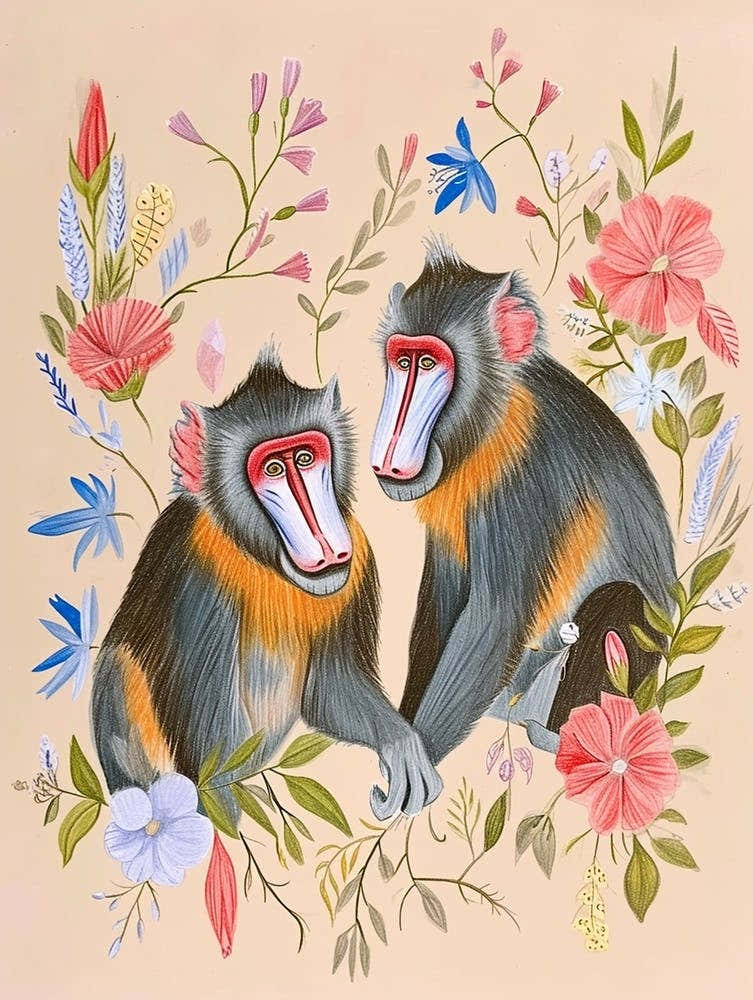 Folksy Floral Animal Drawing Baboon 3