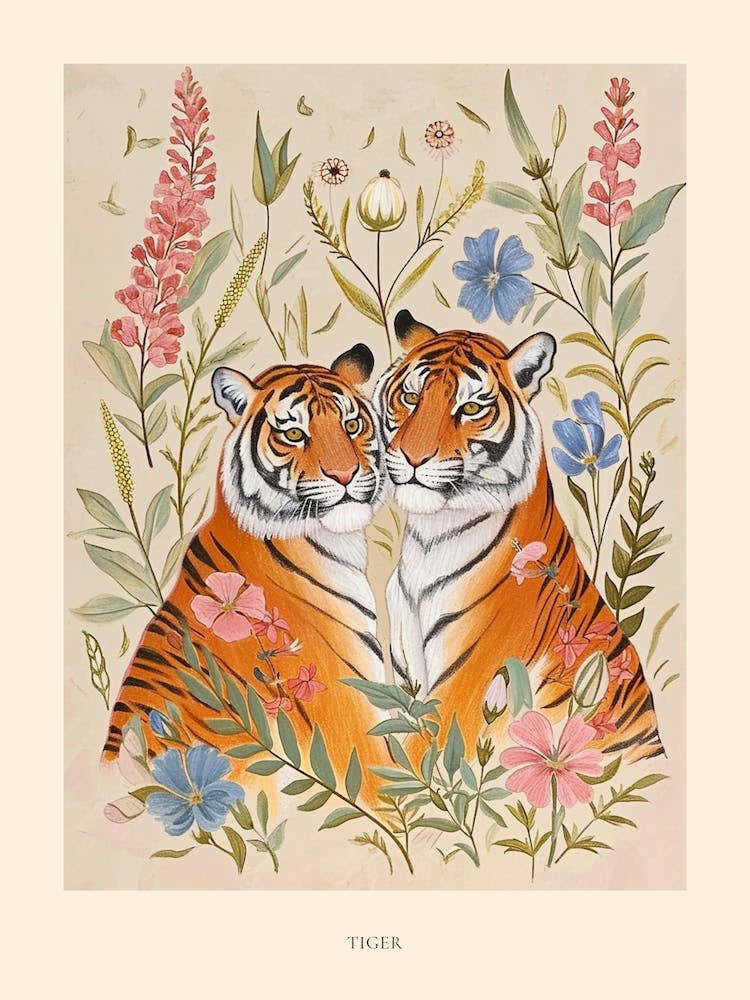 Folksy Floral Animal Drawing Tiger 5 Poster