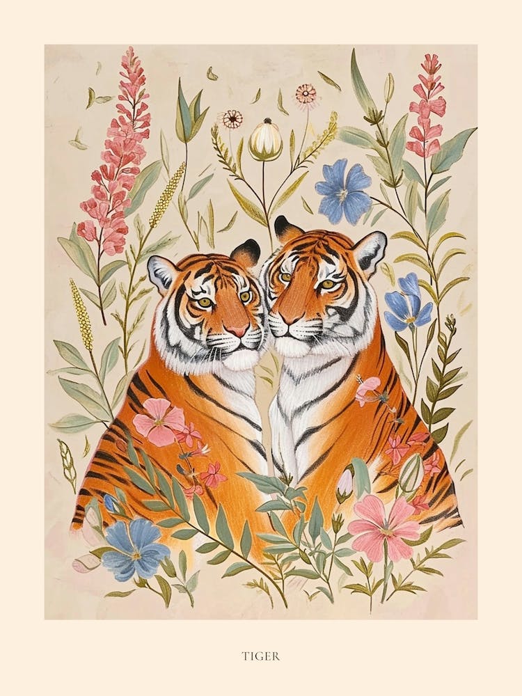 Folksy Floral Animal Drawing Tiger 5 Poster