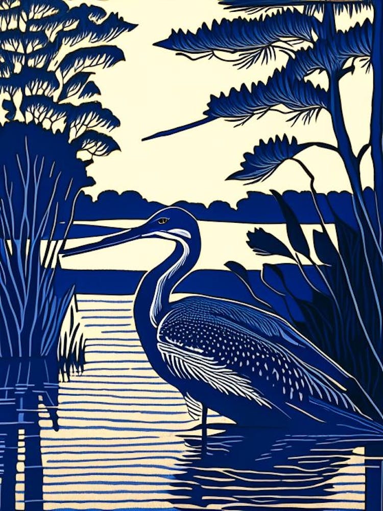 Blue Heron On Lake Vintage Linocut 2