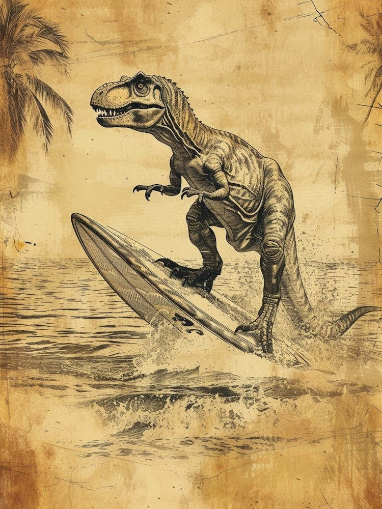 Vintage T Rex Dinosaur On A Surf Board 1