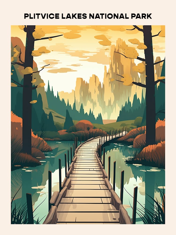Plitvice Lakes National Park Midcentury Travel Poster