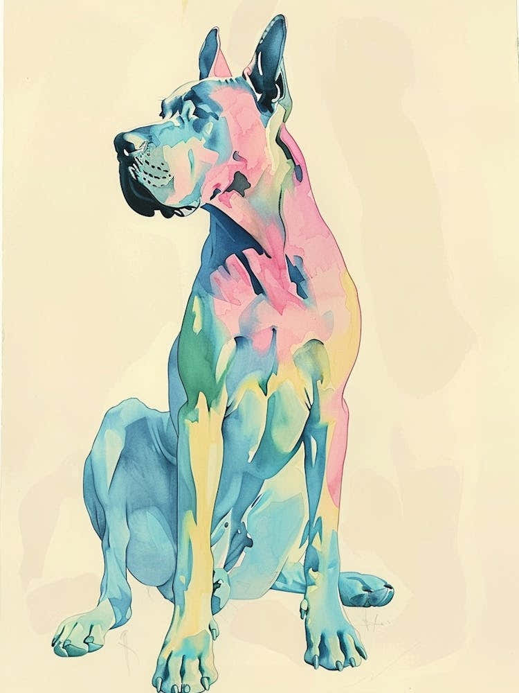 Pastel Great Dane Dog Watercolour Line Illustration 1