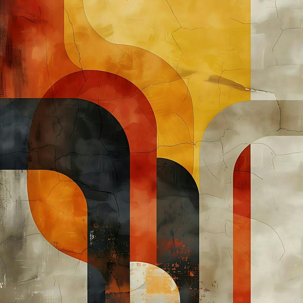 Abstract Artwork With Orange Yellow Red And Black Curved Shapes On A Textured Beige Background