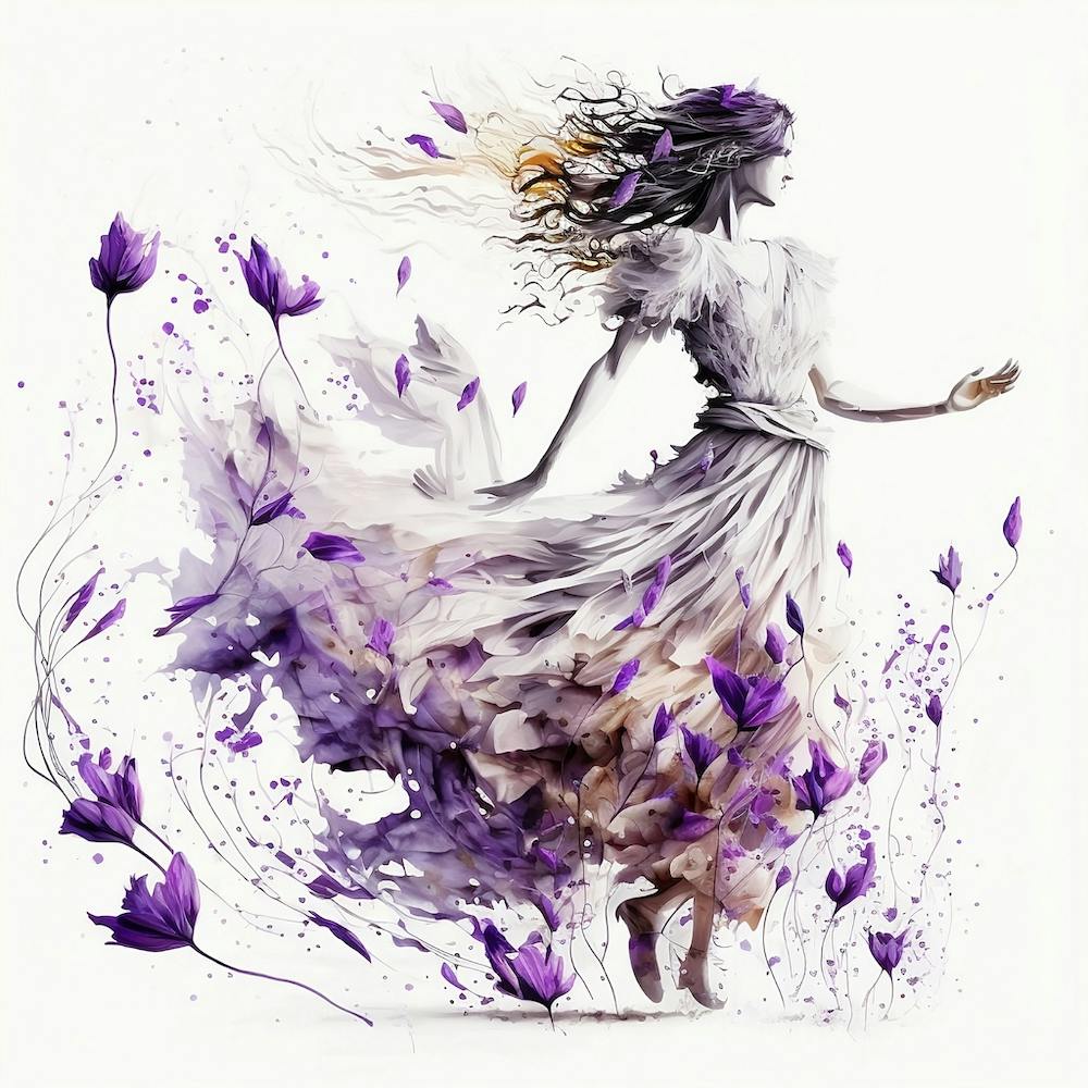 Woman Flowing With Purple Flowers